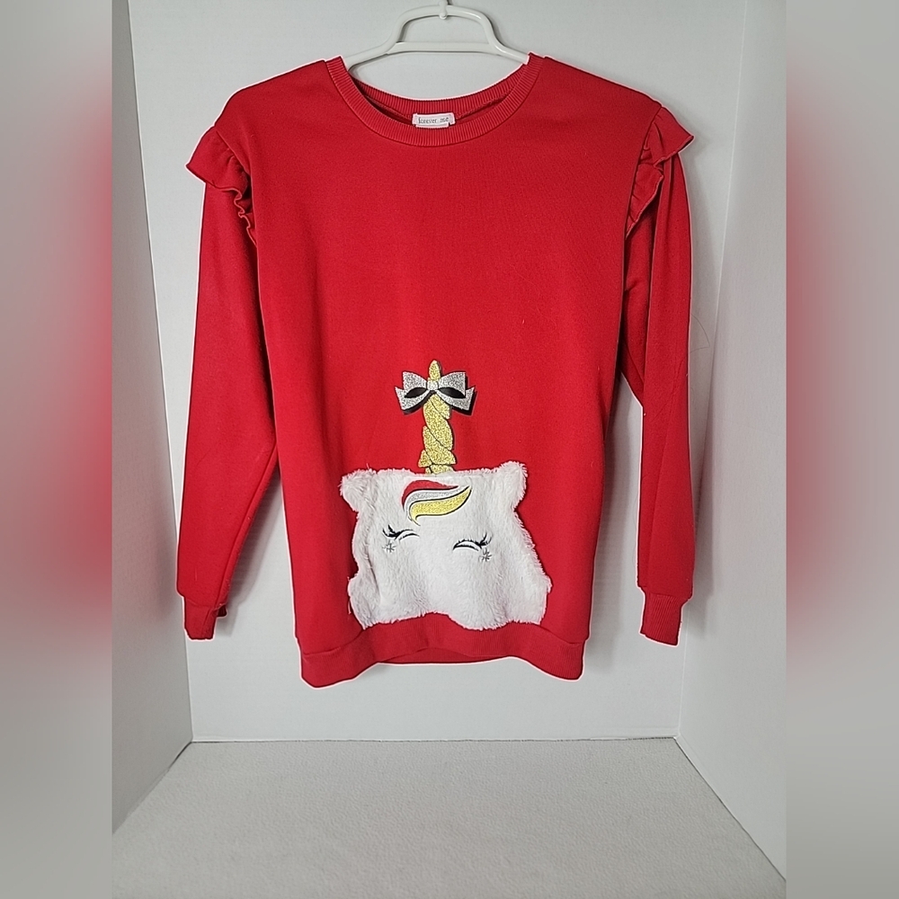 Forever Me Girl's Red W/ White Unicorn Pullover Sweatshirt, 14/16